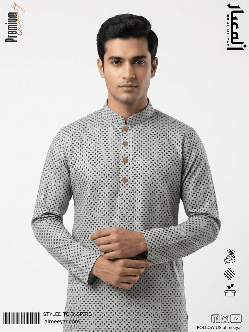 AL MEEYAR premium light grey geometric print Panjabi for men with band collar and antique gold-tone buttons