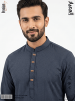 AL MEEYAR premium navy blue micro print Panjabi for men with band collar and rose-gold decorative buttons