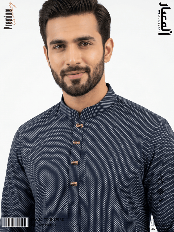 AL MEEYAR premium navy blue micro print Panjabi for men with band collar and rose-gold decorative buttons