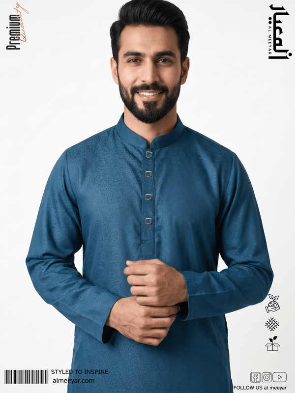AL MEEYAR premium teal-blue textured Panjabi for men with band collar and square decorative buttons