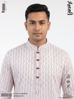 AL MEEYAR premium white and mauve geometric print Panjabi for men with band collar and decorative gold-tone buttons