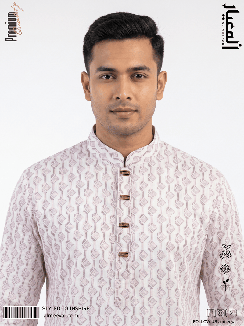 AL MEEYAR premium white and mauve geometric print Panjabi for men with band collar and decorative gold-tone buttons