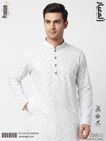 AL MEEYAR premium white floral print Panjabi for men with band collar and antique silver-tone buttons