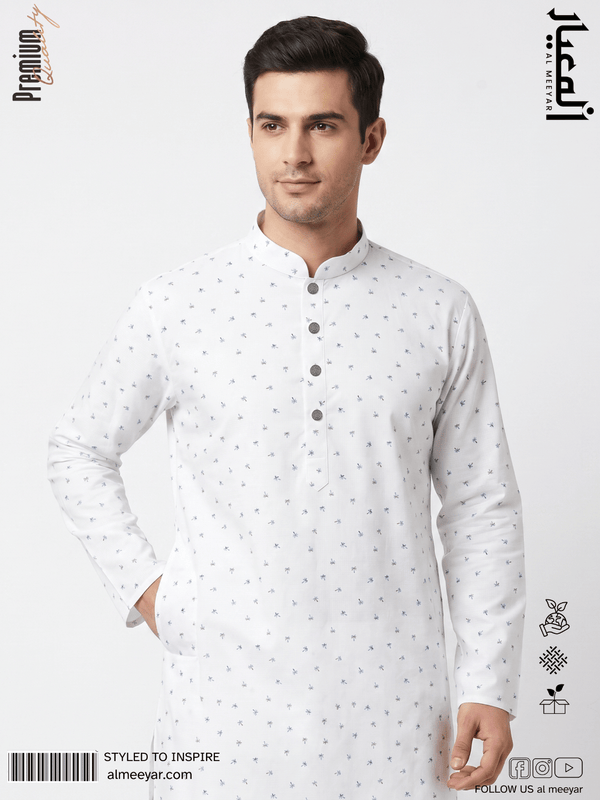 AL MEEYAR premium white floral print Panjabi for men with band collar and antique silver-tone buttons