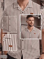 A man wearing a short-sleeve button-up shirt with vertical brown stripes on a cream background, shown in a composite promotional layout with close-up detail panels of the fabric and collar.