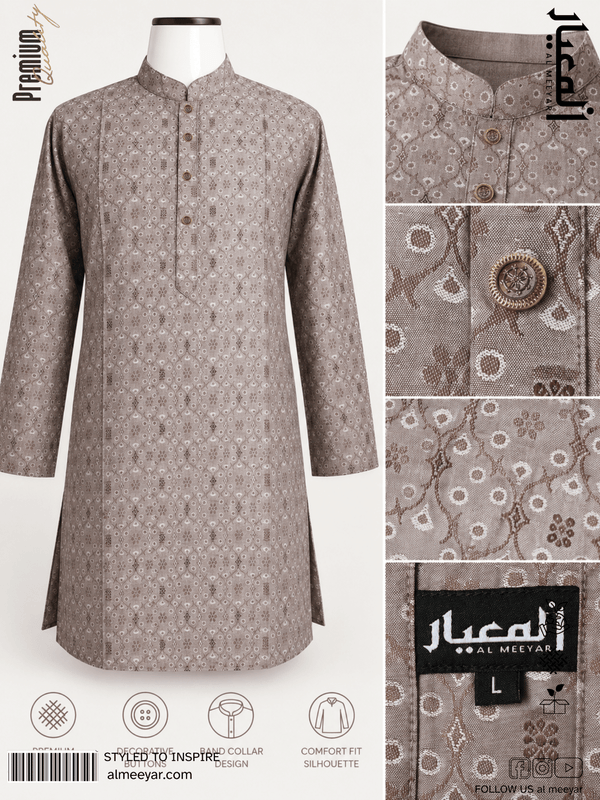 Gray patterned kurta with brand logo on a white background
