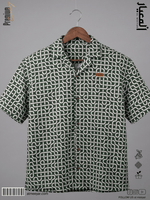 AL MEEYAR men’s olive-green and white geometric-print short-sleeve Cuban collar shirt