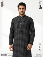 AL MEEYAR premium black checkered Panjabi for men with band collar and silver-tone metal buttons