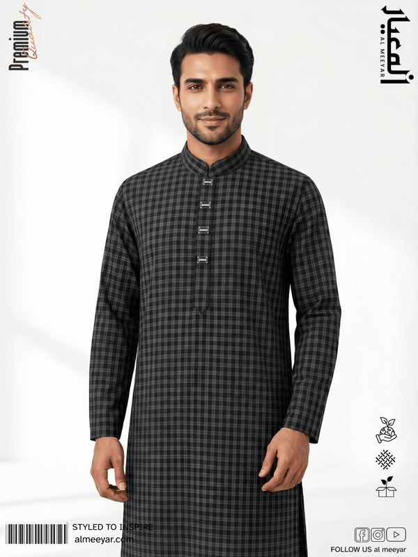 AL MEEYAR premium black checkered Panjabi for men with band collar and silver-tone metal buttons