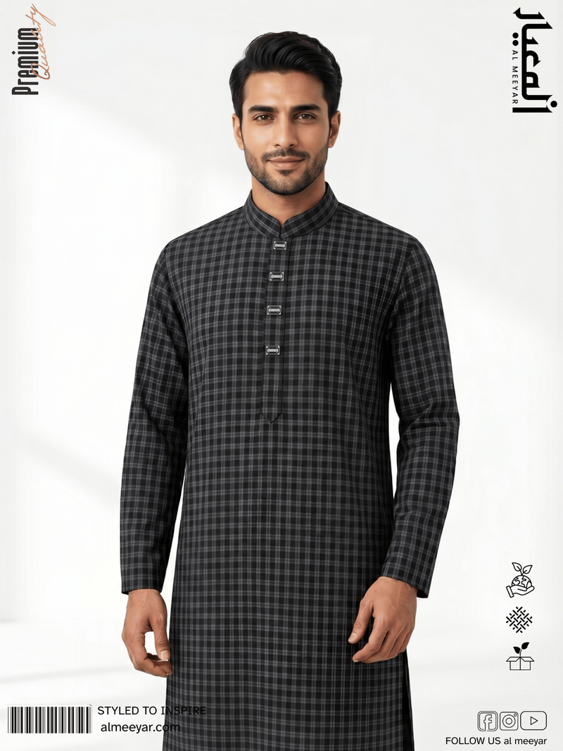 AL MEEYAR premium black checkered Panjabi for men with band collar and silver-tone metal buttons