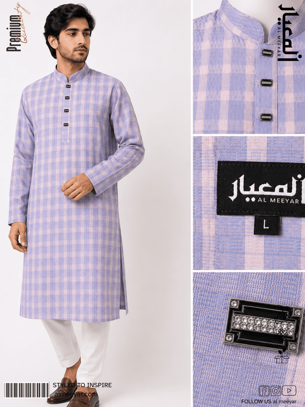 Man wearing a purple checkered kurta with white pants, brand label visible