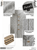 Gray textured fabric with brand label and pattern details