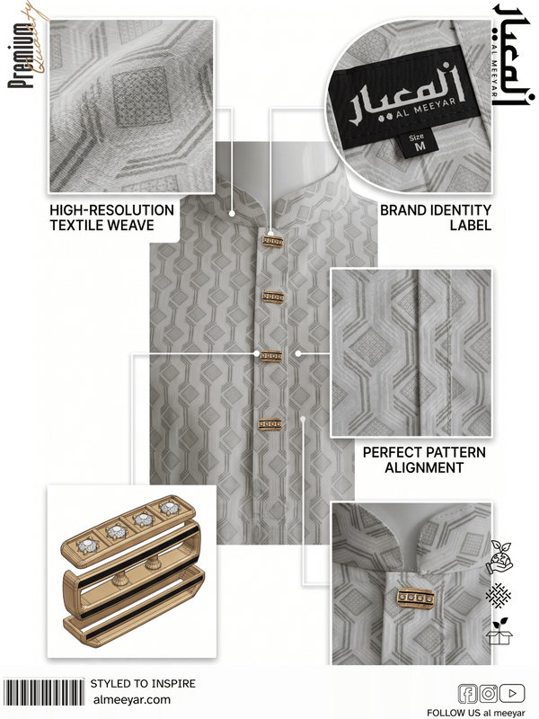 Gray textured fabric with brand label and pattern details