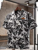 AL MEEYAR men’s black and white abstract-print short-sleeve Cuban collar shirt