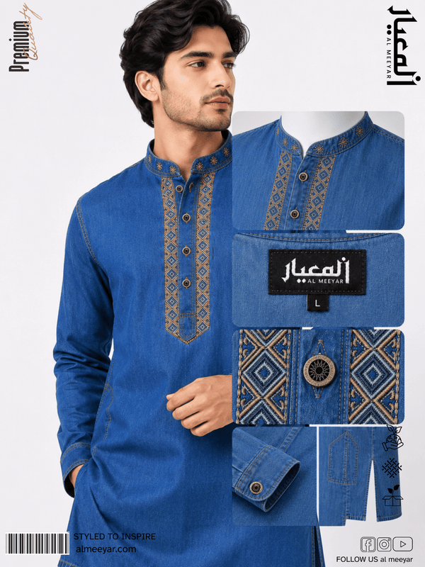Blue embroidered shirt with brand label on a white background
