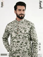 AL MEEYAR olive green digital camouflage print Panjabi for men with band collar and antique gold-tone buttons