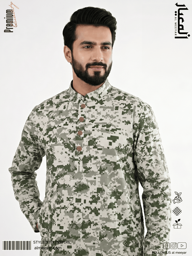 AL MEEYAR olive green digital camouflage print Panjabi for men with band collar and antique gold-tone buttons
