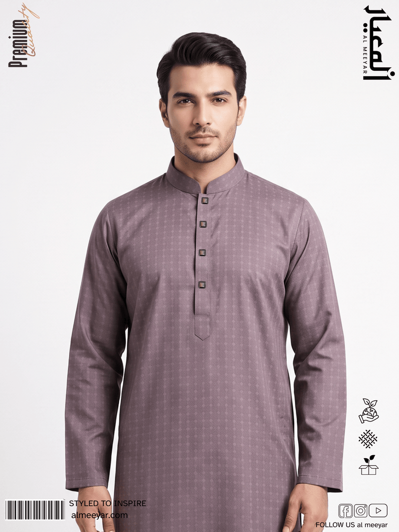 AL MEEYAR men’s dusty-plum textured long-sleeve Panjabi with mandarin collar and decorative square buttons