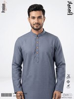 AL MEEYAR premium grey geometric print Panjabi for men with band collar and gold-tone buttons