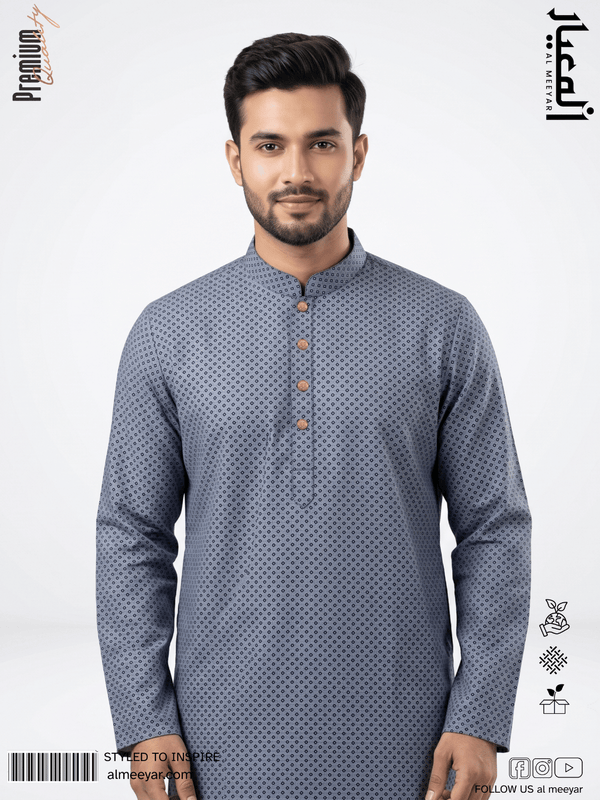 AL MEEYAR premium grey geometric print Panjabi for men with band collar and gold-tone buttons