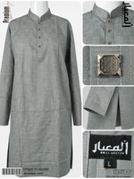 Gray kurta with plaid pattern on a white background, featuring brand logo and size label.