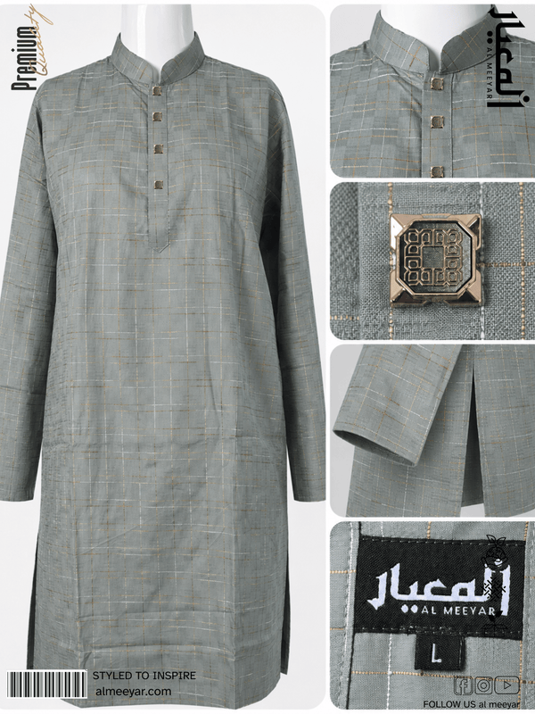 Gray kurta with plaid pattern on a white background, featuring brand logo and size label.