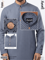 Gray patterned shirt with close-up details on collar and placket, brand logo visible.
