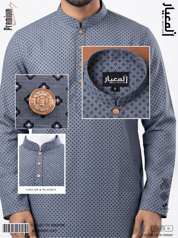 Gray patterned shirt with close-up details on collar and placket, brand logo visible.