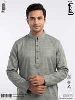 AL MEEYAR men’s sage-grey checkered long-sleeve Panjabi with mandarin collar and decorative square buttons