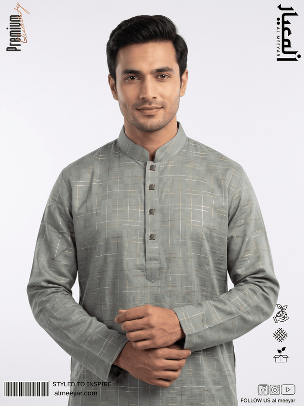 AL MEEYAR men’s sage-grey checkered long-sleeve Panjabi with mandarin collar and decorative square buttons