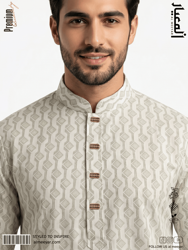 AL MEEYAR men’s ivory and light-grey geometric-print Panjabi with mandarin collar and decorative rectangular buttons