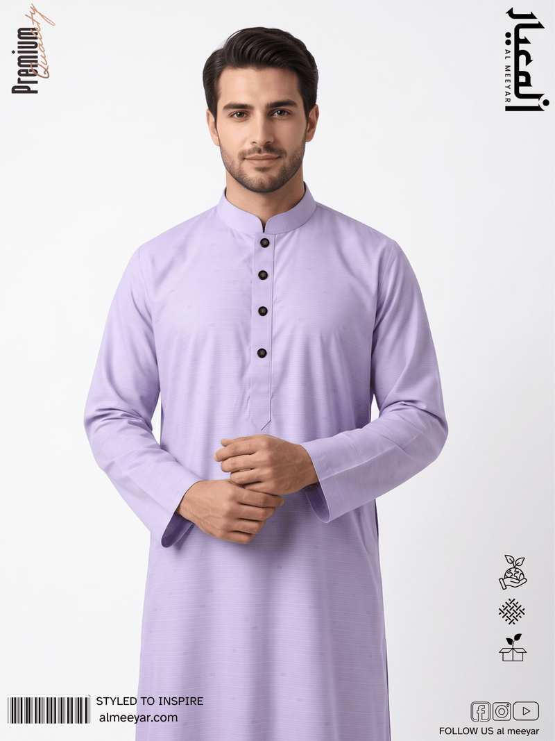 AL MEEYAR premium lavender textured Panjabi for men with band collar and black buttons