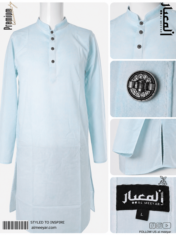 Light blue kurta with button details on a white background, featuring brand logos.