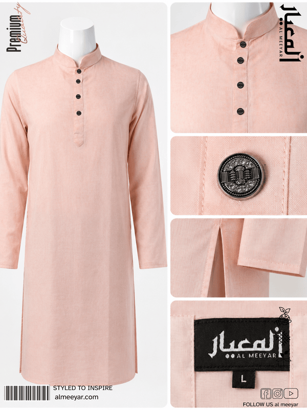 Collage of a pink traditional outfit with brand logo and text on a white background