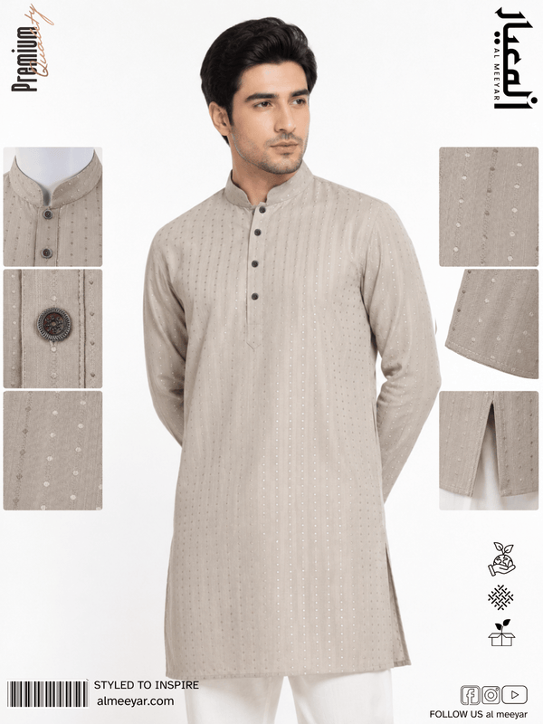 Man wearing a beige kurta with detailed views on a white background