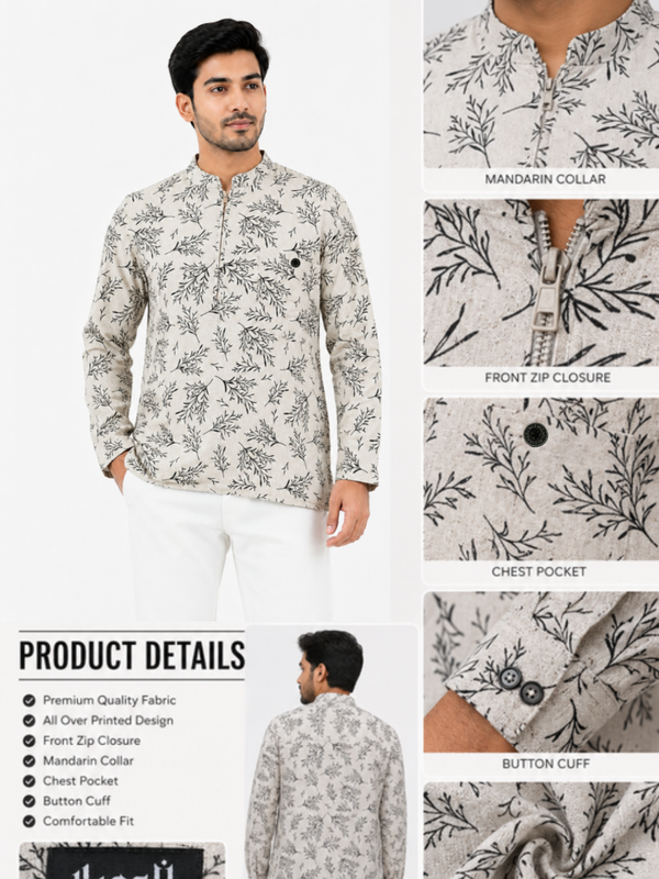 Men’s botanical print Katoya Mandarin collar with front zipper