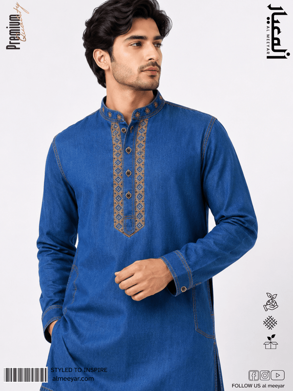 AL MEEYAR men’s royal-blue embroidered denim Panjabi with mandarin collar, decorative buttons and contrast stitching