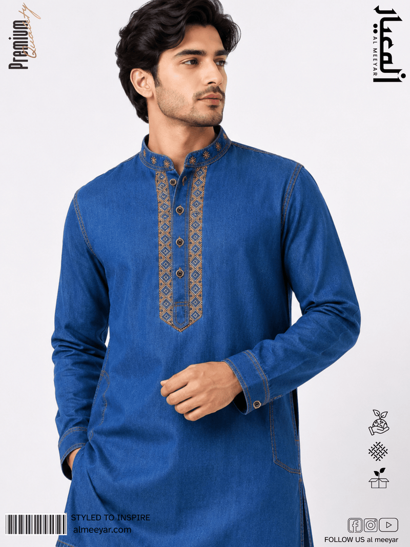 AL MEEYAR men’s royal-blue embroidered denim Panjabi with mandarin collar, decorative buttons and contrast stitching