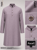 Purple kurta with button details on a light gray background, featuring brand logos and text.