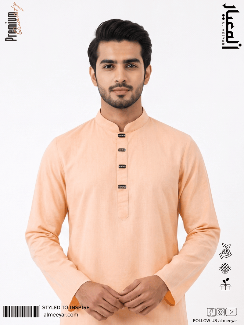 AL MEEYAR men’s light-orange textured long-sleeve Panjabi with mandarin collar and decorative rectangular buttons