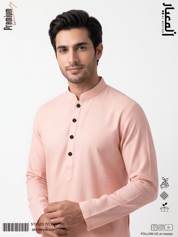 AL MEEYAR men’s light-peach textured long-sleeve Panjabi with mandarin collar and decorative dark buttons