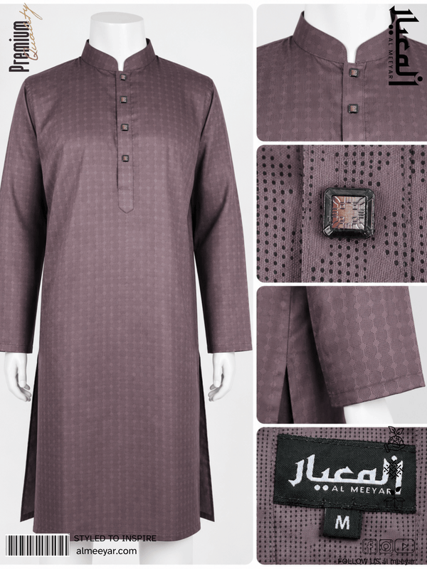 Brown traditional outfit with detailed patterns on a white background, featuring the brand 'Al Meeyar'.