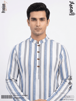 AL MEEYAR premium white and blue vertical striped Panjabi for men with band collar and decorative metal buttons