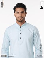 AL MEEYAR men’s sky-blue textured long-sleeve Panjabi with mandarin collar and decorative round buttons
