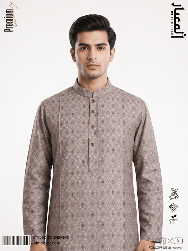AL MEEYAR men’s taupe-brown geometric floral-print long-sleeve Panjabi with mandarin collar and decorative buttons
