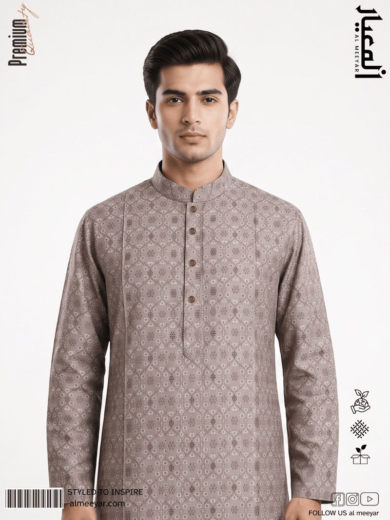AL MEEYAR men’s taupe-brown geometric floral-print long-sleeve Panjabi with mandarin collar and decorative buttons
