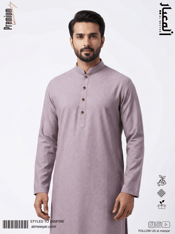 AL MEEYAR men’s dusty mauve textured long-sleeve Panjabi with mandarin collar and decorative gold-tone buttons
