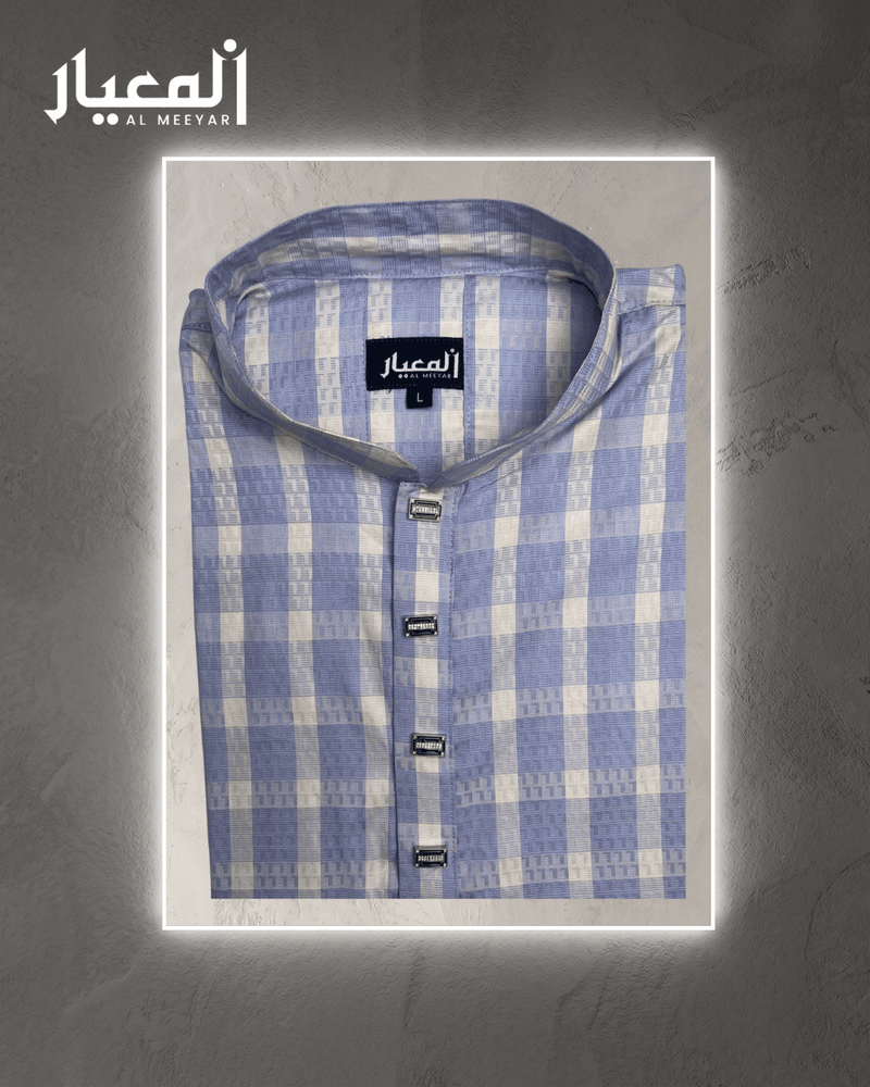 Al Meeyar Premium Light Blue Textured Check Mens Panjabi