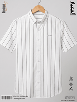 AL MEEYAR men’s white and black pinstripe short-sleeve formal shirt with button-down collar and embroidered logo