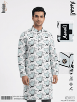 Man wearing a patterned shirt with brand logos on a white background
